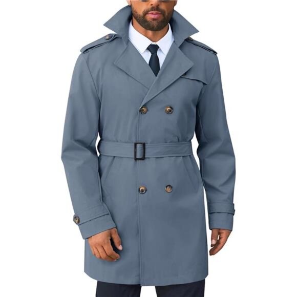 Men's Trench Coat Double Breasted Notched Lapel Blue - Picture 1 of 5